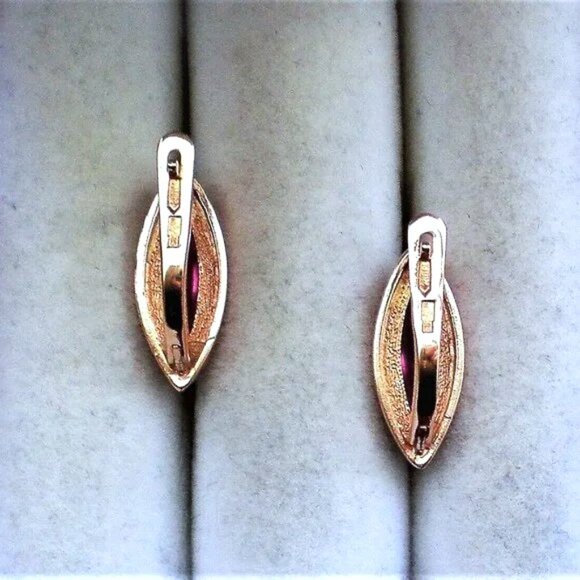 Vintage Russian Russia USSR 14K 585 Rose Gold Pink Tourmaline Marquise EARRINGS - Picture 7 of 8